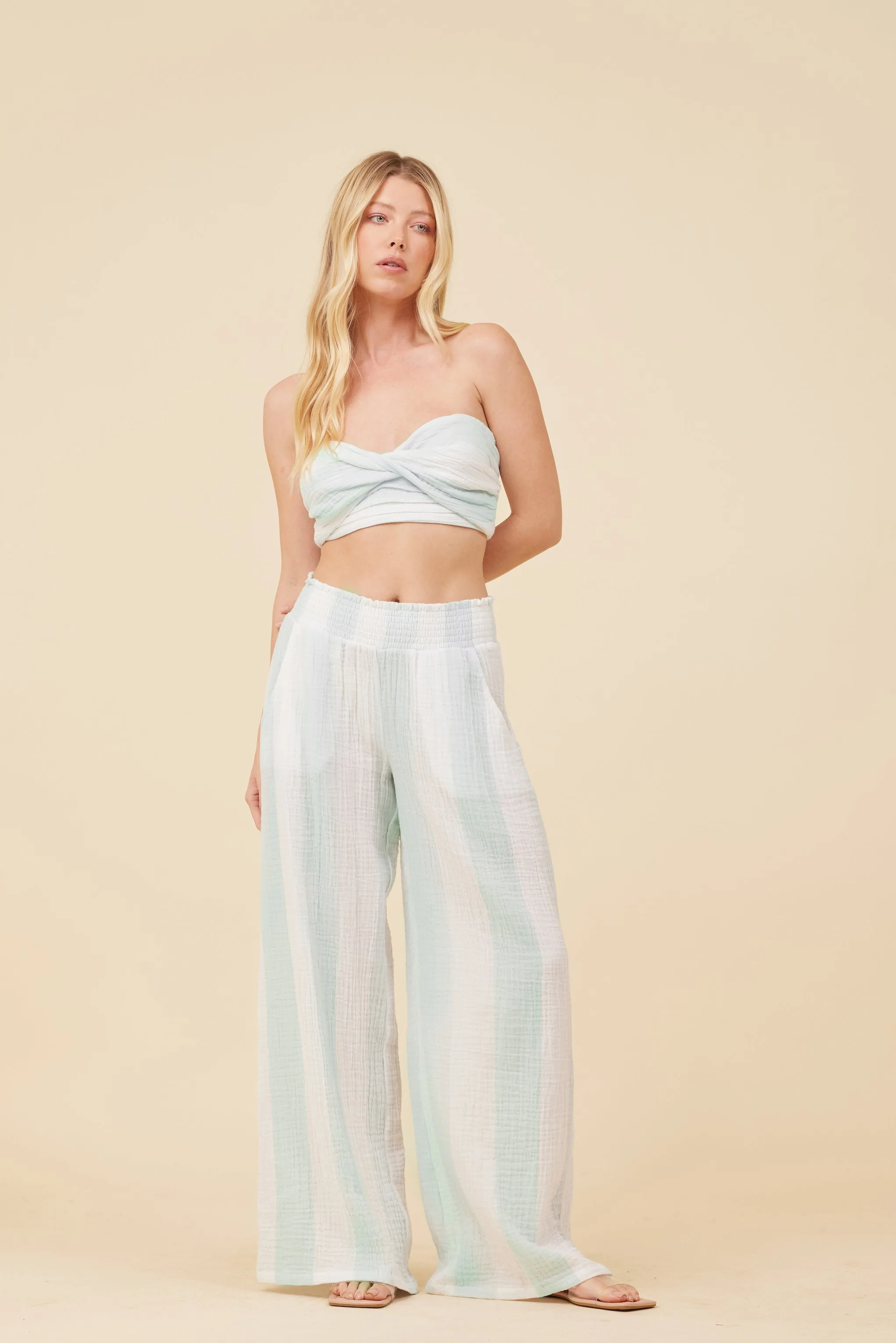 Mint & White Cabana Stripe Gauze Bandeau Crop Top