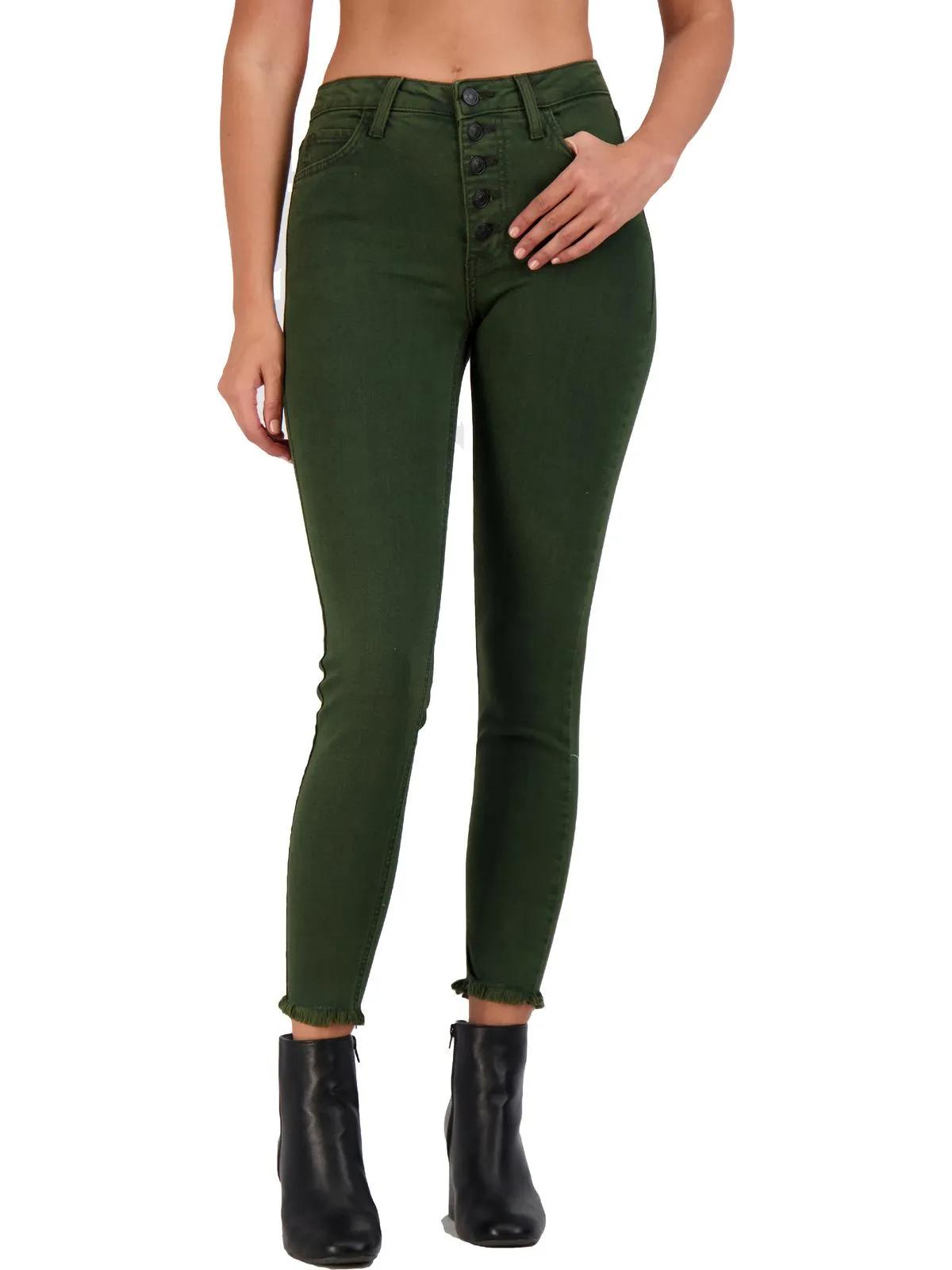 Womens Button Fly Frayed Hem Skinny Jeans